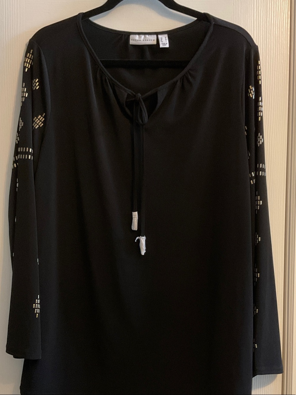 Susan Graver Black Tie-Neck Tunic with Metallic Sleeve Cutouts, M, NWOT